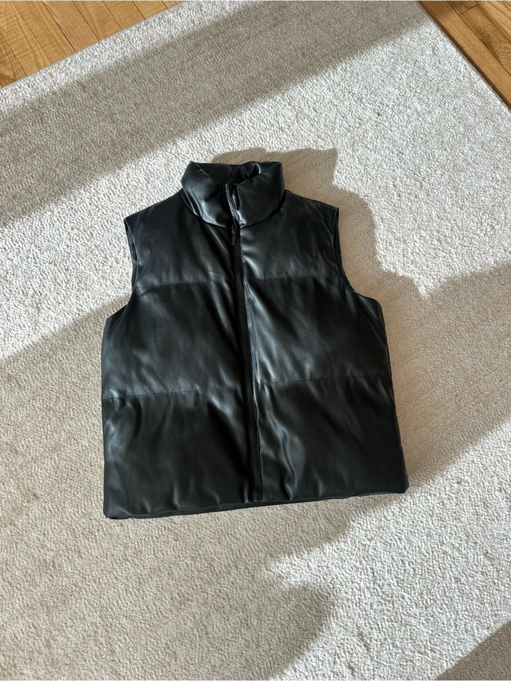 Women’s Black Faux Leather Puffer Vest - Sleeveless Zip Front